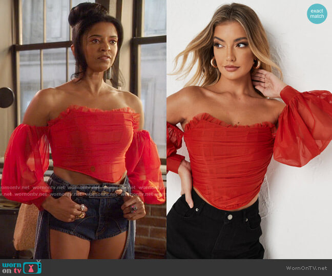 Missguided Red Puff Sleeve Bust Point Corset Top worn by Wickie Roy (Renée Elise Goldsberry) on Girls5eva