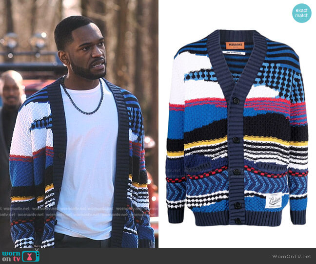 Multi-Panel Jacquard Cardigan by Missoni worn by Chris Blount on Tom Swift