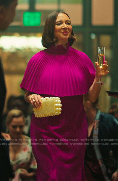 Molly’s pink pleated overlay gown and pearl clutch on Loot