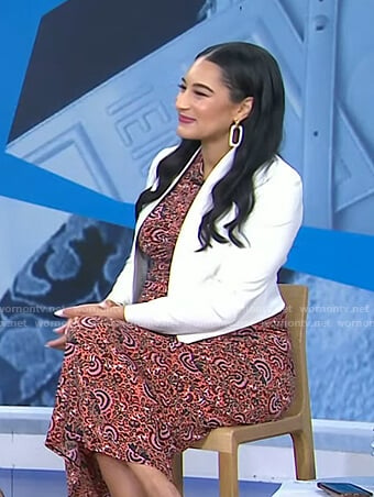 Morgan Radford’s pink print ruched top and skirt on Today