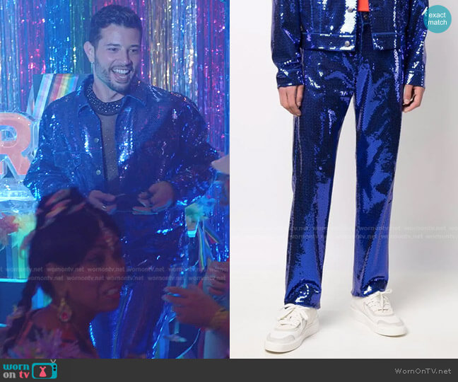 Sequinned Straight Leg Trousers by Moschino worn by Sam Flores (Rafael de la Fuente) on Dynasty