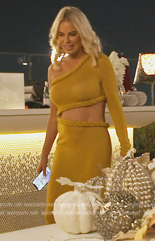 Caroline's mustard cutout dress on The Real Housewives of Dubai