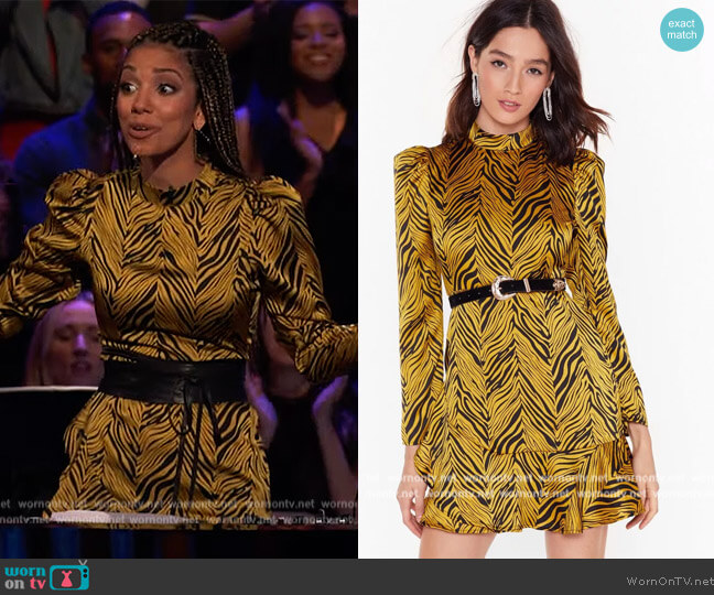 Zebra High Neck Dress by Nasty Gal worn by Corinne Foxx on Beat Shazam