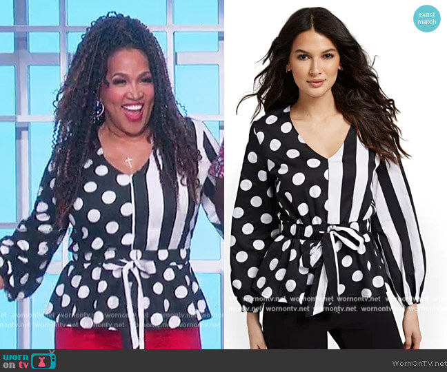 Stripe and Pola Belted Poplin Shirt by New York and Company worn by Kym Whitley on The Talk