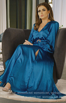 Nina's blue satin maxi dress on The Real Housewives of Dubai