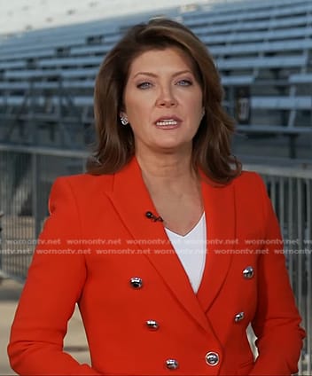 Norah’s red double breasted blazer on CBS Evening News