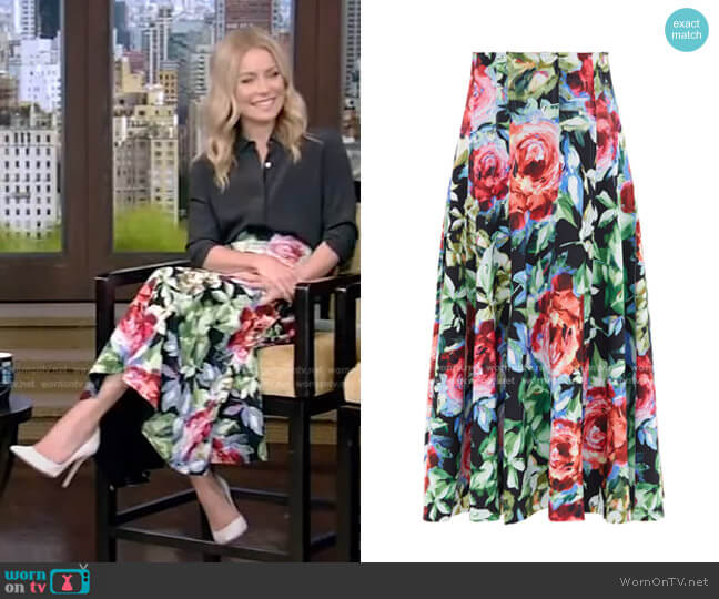 Grace Floral-Print Skirt by Norma Kamali worn by Kelly Ripa on Live with Kelly and Mark
