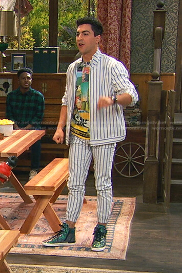 Parker’s white striped jacket and pants on Bunkd