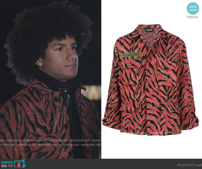 Animal-print shirt jacket by Pleasures worn by Lino (Donovin Miller) on Tom Swift