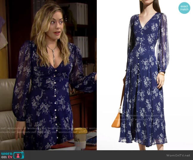 Polo Ralph Lauren Floral-Print Chiffon Blouson-Sleeve Dress worn by Hope Logan (Annika Noelle) on The Bold and the Beautiful