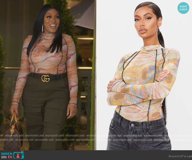 Orange Mesh Acid Wash Bodysuit by Pretty Little Thing worn by Drew Sidora  on The Real Housewives of Atlanta