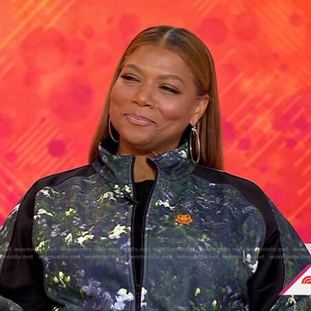 Queen Latifah's green abstract print track jacket and pants on Today