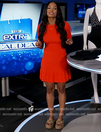 Rachel's red ruffle hem dress on Extra
