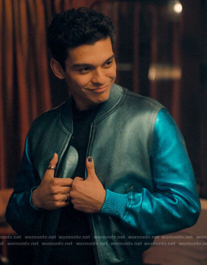 Rahim's metallic blue bomber jacket on Love Victor