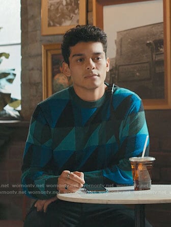 Rahim's turquoise geometric sweater on Love Victor