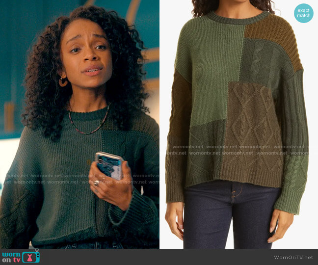 Mia’s green patchwork sweater on Love Victor