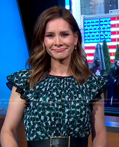 Rebecca’s green printed flutter sleeve dress on Good Morning America