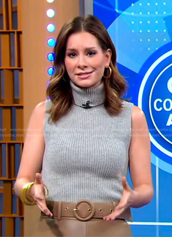 Rebecca’s grey sleeveless turtleneck sweater and skirt on Good Morning America