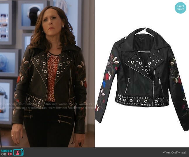 Romeo & Juliet Couture Floral Leather Jacket worn by Jackie Stilton (Molly Shannon) on I Love That For You