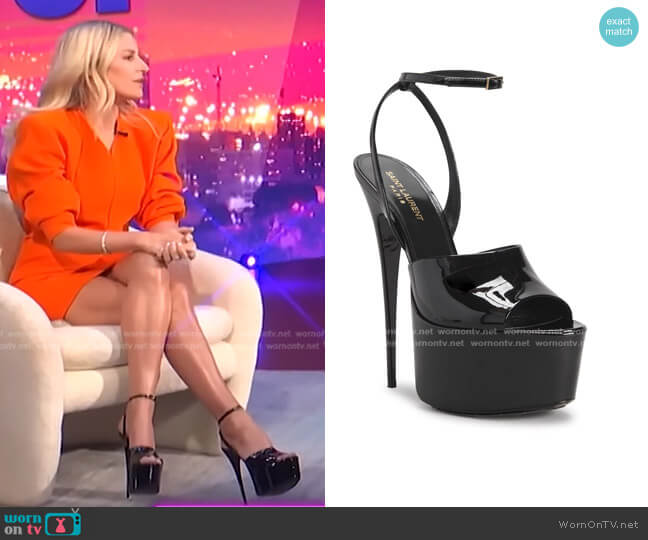 Patent Calfskin Ankle-Strap Platform Sandals by Saint Laurent worn by Morgan Stewart on E! News
