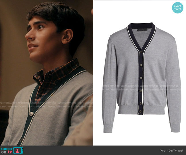 Saks Fifth Avenue COLLECTION Varsity Tipped Cardigan worn by Victor Salazar (Michael Cimino) on Love Victor