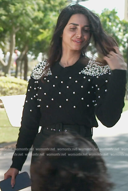 Sara's black pearl embellished sweater on The Real Housewives of Dubai