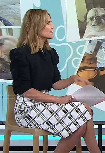 Savannah's black puff sleeve blouse and white check skirt on Today