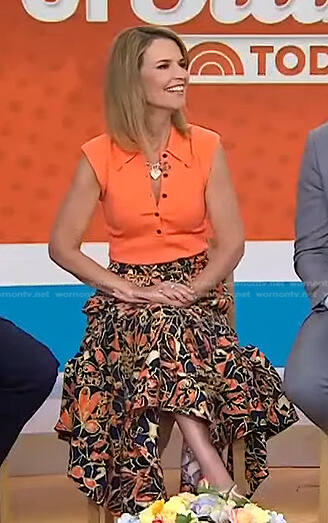 Savannah’s orange polo top and floral asymmetric hem skirt on Today