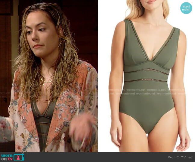 Sea Level Spliced Plunge One-Piece worn by Hope Logan (Annika Noelle) on The Bold & the Beautiful