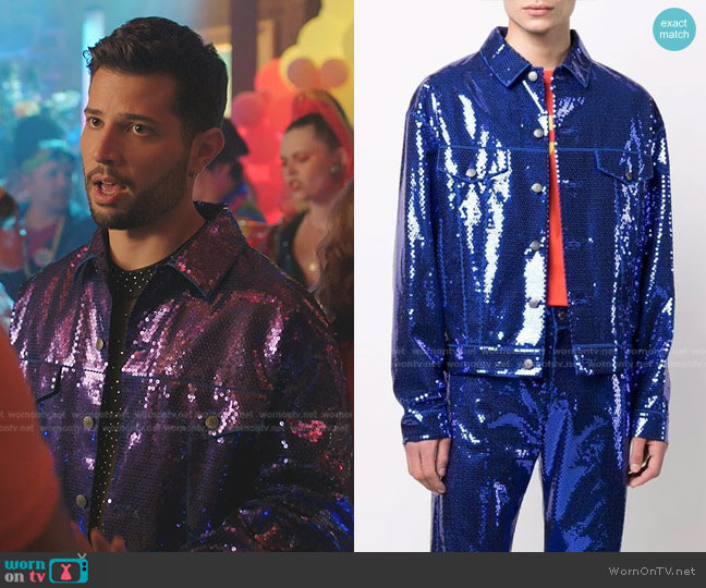 Sequinned Bomber Jacket by Moschino worn by Sam Flores (Rafael de la Fuente) on Dynasty