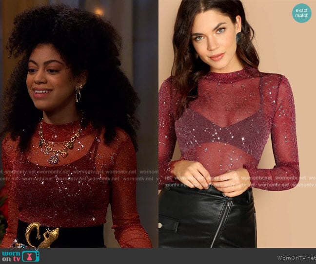 Star Glitter Mesh Top by Shein worn by Arica Himmel on Side Hustle