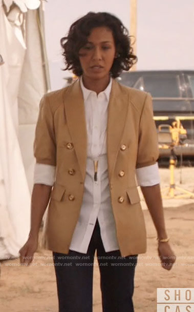 Shivani’s beige leather blazer with short sleeves on Roswell New Mexico