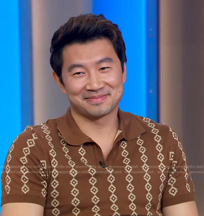 Simu Liu’s brown printed polo shirt on Good Morning America