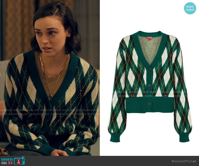 Lucy’s green argyle cardigan on Love Victor