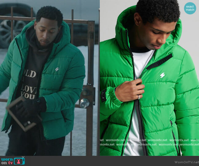 Hooded Sports Puffer Jacket by Superdry worn by Emmett (Jacob Latimore) on The Chi