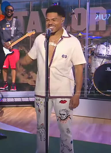 Taylor Bennett’s white bowling shirt and graphic print pants on Good Morning America