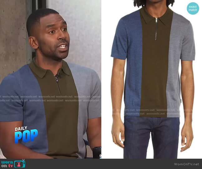 Swansea Vertical Stripe Merino Wool Polo Sweater by Ted Baker worn by Justin Sylvester on E! News