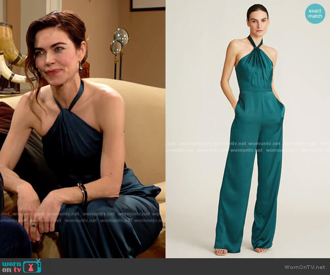 Theia Zuri Halterneck Jumpsuit worn by Victoria Newman (Amelia Heinle) on The Young and the Restless