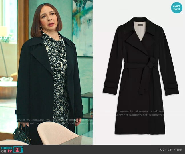 Theory Oaklane Trench in Black worn by Molly Novak (Maya Rudolph) on Loot