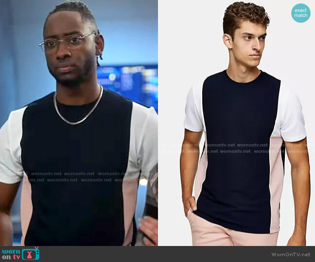 Topman color block t-shirt in navy worn by Chester Phineas Runk (Brandon McKnight) on The Flash