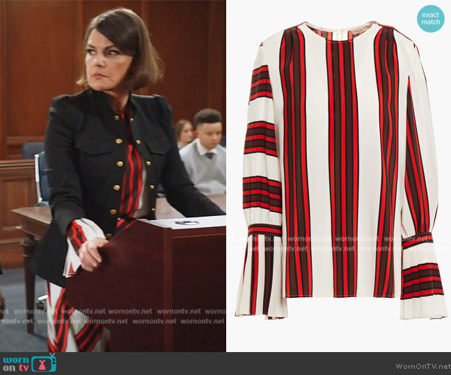 Striped silk crepe de chine blouse by Tory Burch worn by Maggie Palmer (Suzanne Cryer) on All Rise