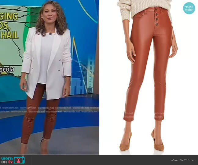 Button-Front Faux-Leather Skinny Pants in Daddy Soda by Blank NYC worn by Ginger Zee on Good Morning America