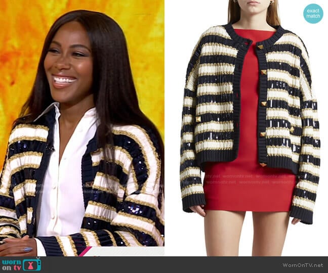 Boxy Sequin-Embroidered Cardigan by Valentino worn by DeWanda Wise on Today