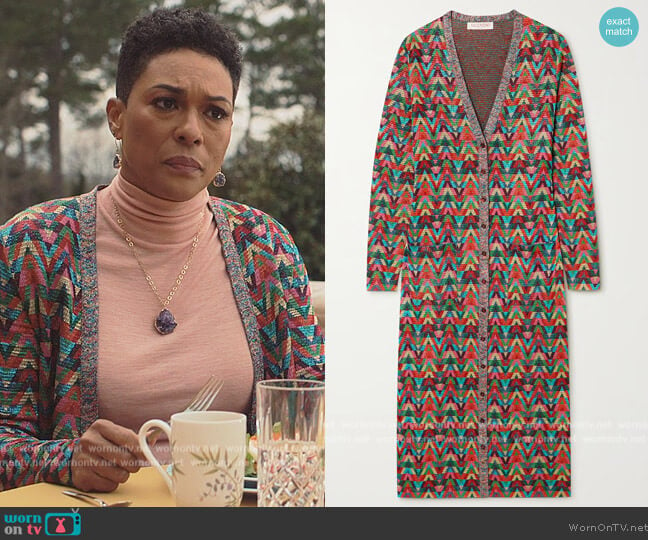 Jacquard Optical-pattern lurex long cardigan by Valentino worn by Lorraine Swift (April Parker Jones) on Tom Swift