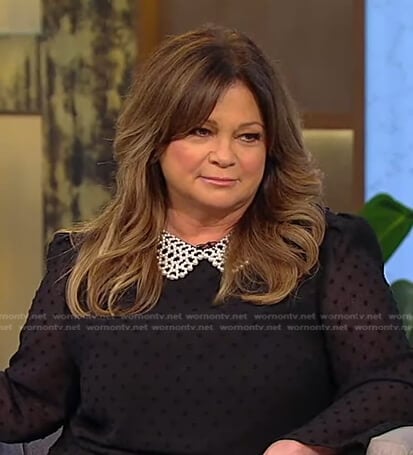 Valerie Bertinelli's black dot sheer top with pearl collar on Tamron Hall Show