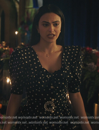 Veronica’s navy polka dot belted dress on Riverdale