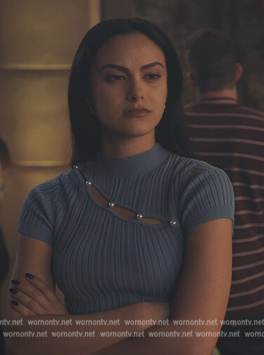 Veronica’s blue pearl embellished sweater on Riverdale