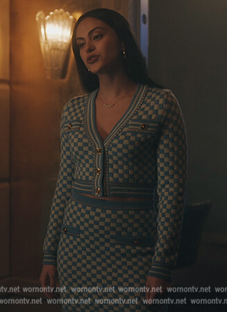 Veronica’s blue check cardigan and skirt on Riverdale