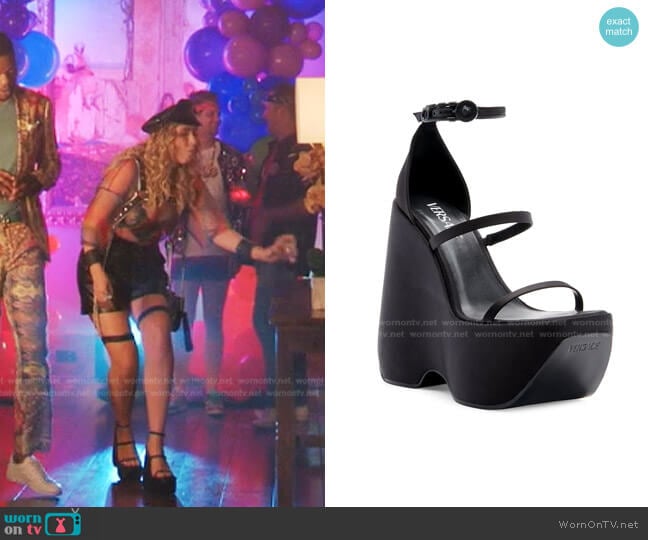 Strap Satin Platform Wedge Sandals by Versace worn by Amanda Carrington (Eliza Bennett) on Dynasty