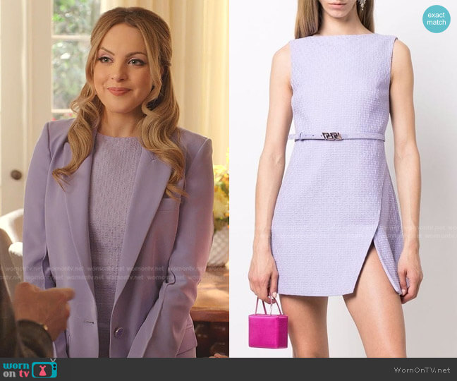 Belted Cotton-Tweed Mini Dress by Versace worn by Fallon Carrington (Elizabeth Gillies) on Dynasty
